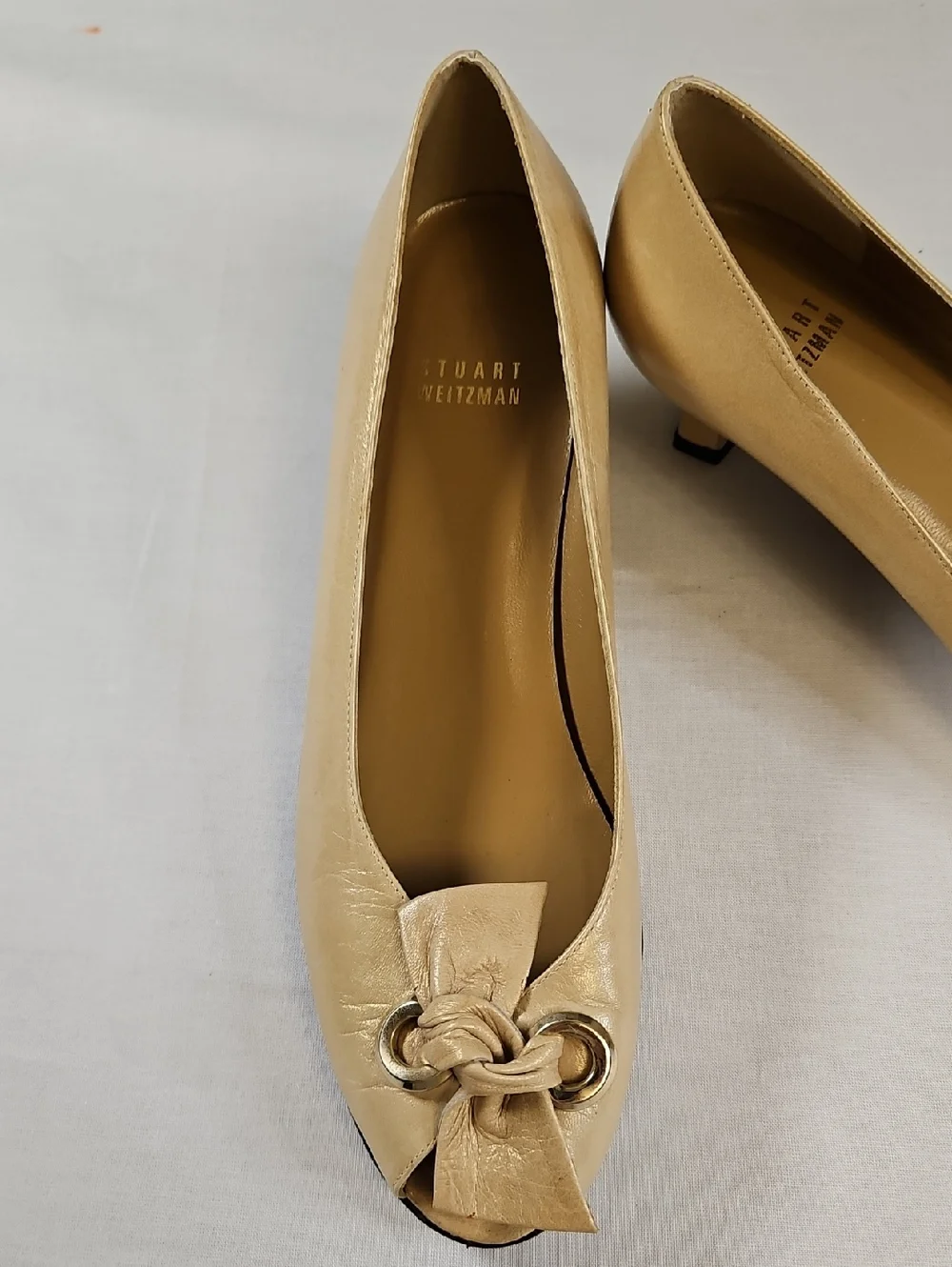 Stuart Weitzman Peep Toe Kitten Heels, Tan, Size 8